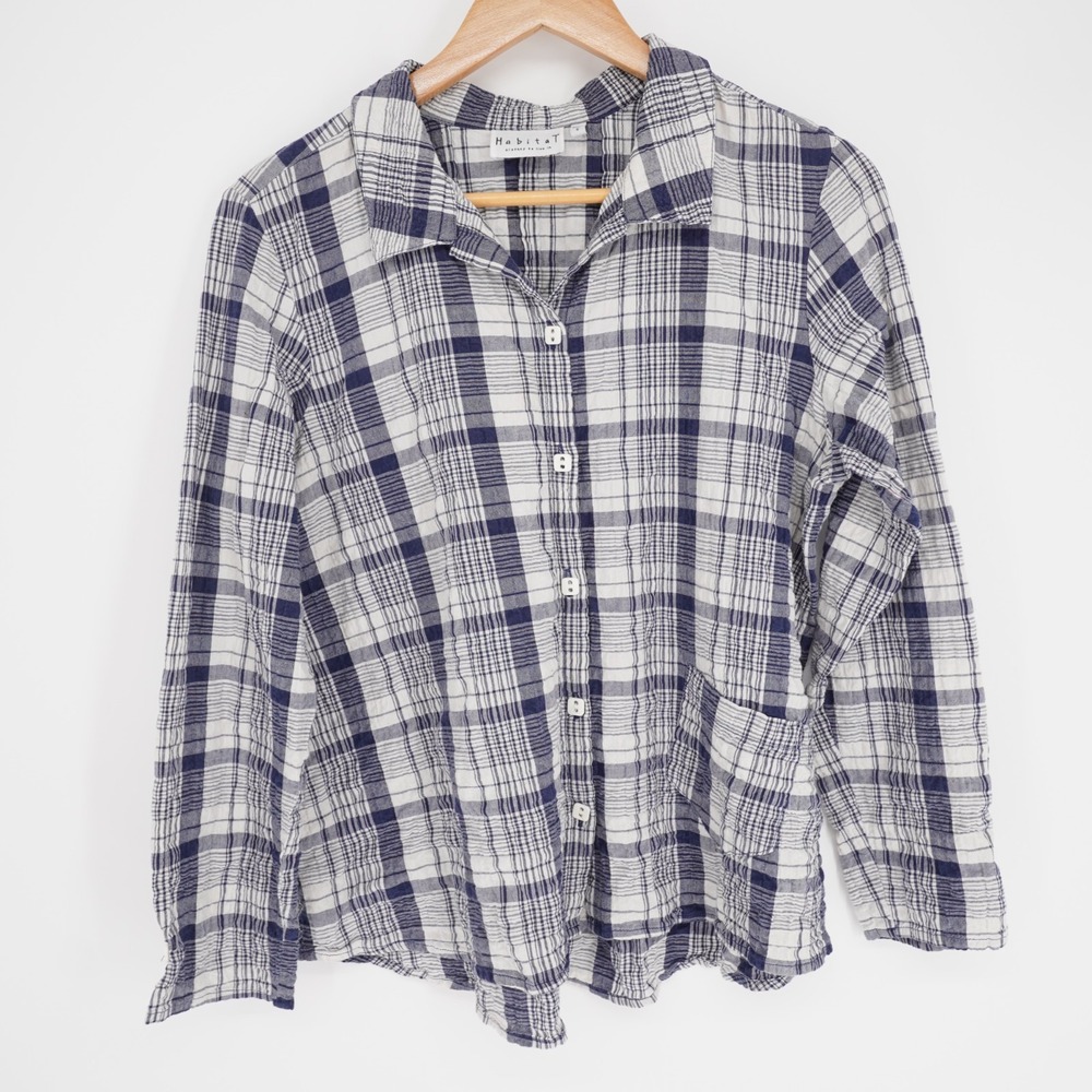 Habitat Plaid Button Up Shirt Women S Blue Crinkle Relaxed Pocket Cotton Stretch - Picture 12 of 13